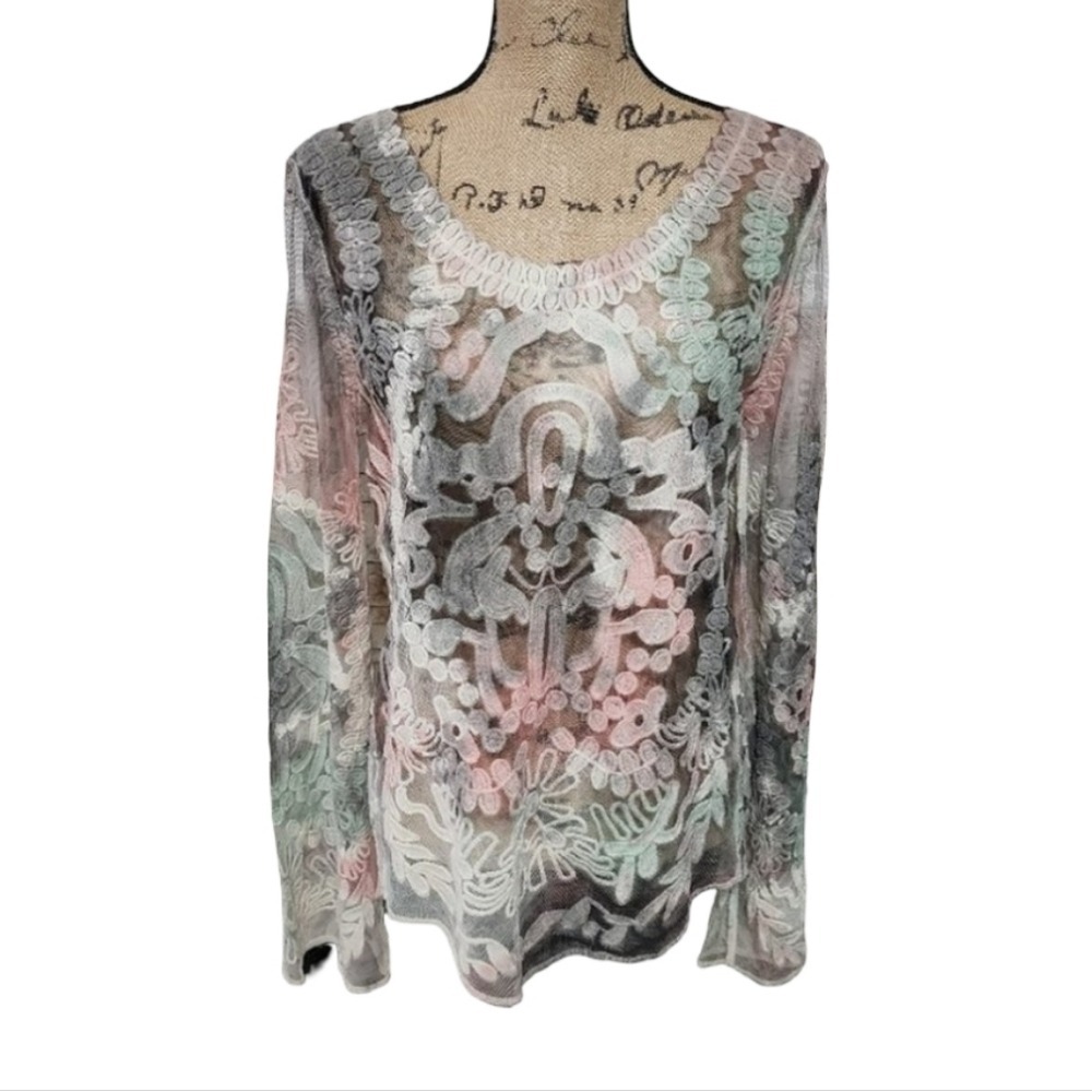 See the‎ Shades watercolor tie dye green and pink sheer lace TUNIC size XL